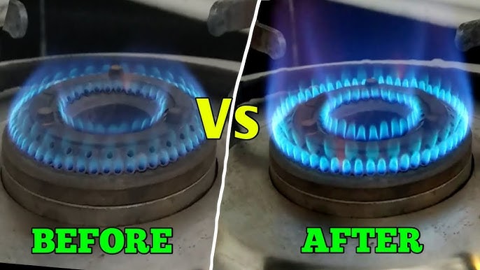Before and after gas burner flame repair